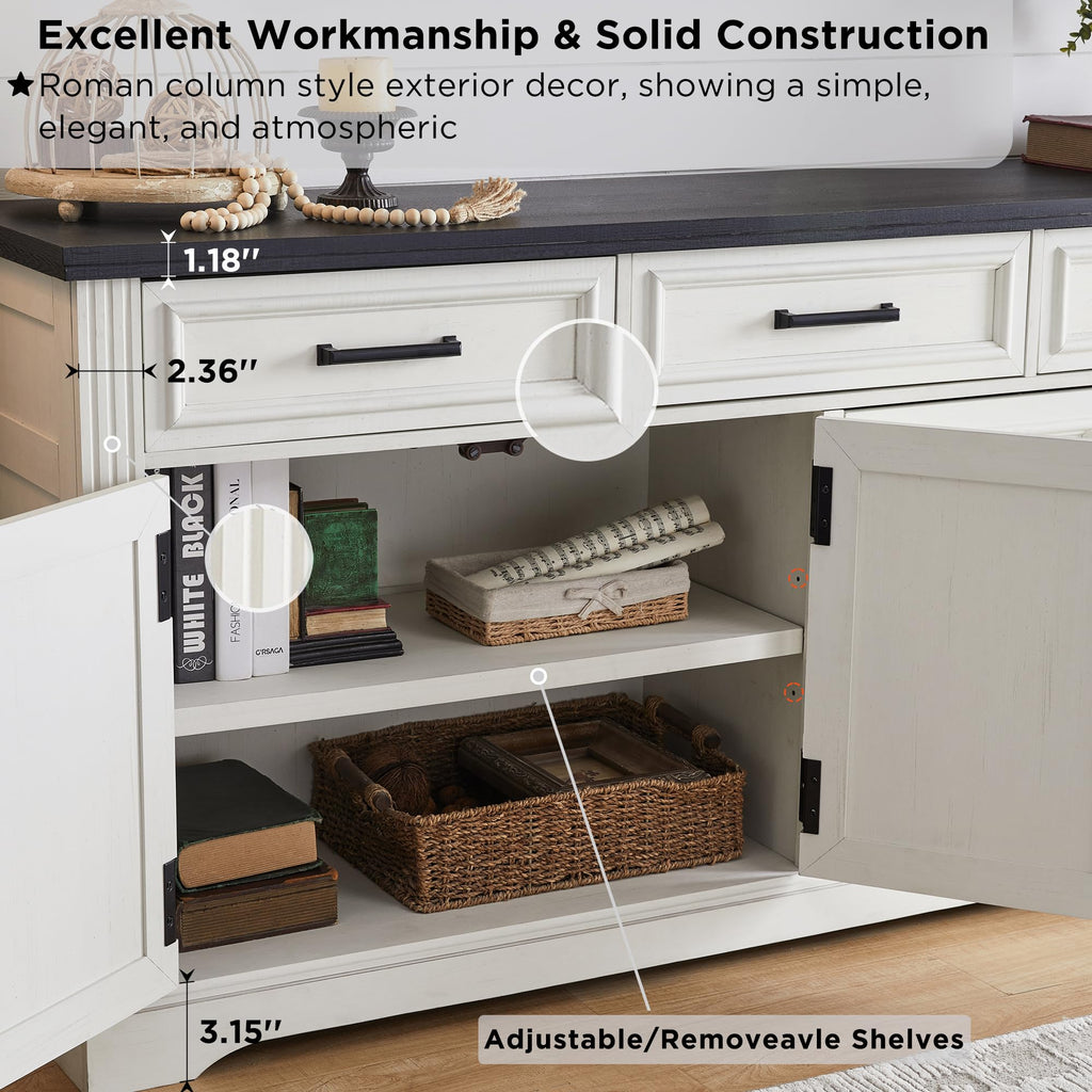 66" Farmhouse Buffet Cabinet with Storage, Sideboard Credenza, Carved Cloud-Inspired Doors, 3 Drawers & Adjustable