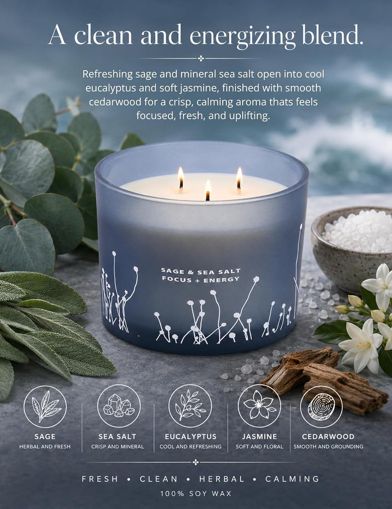 White Sage Sea Salt 3 Wick Candle, Large Soy Scented Candle 14.5oz - Set of 145