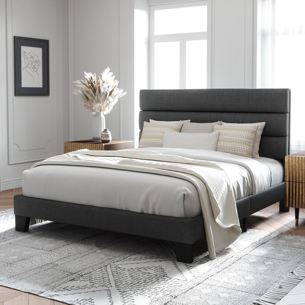 Queen Platform Bed Frame with Fabric Upholstered Headboard and Wooden Slats Support