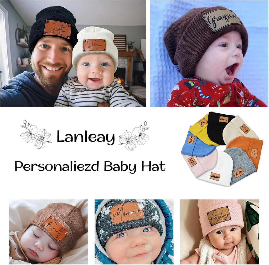 Custom Toddler Baby Beanies, Mama Mini Matching Hats, Leather Patch Baby Knit Hats, Winter Beanies for Infant, Kids