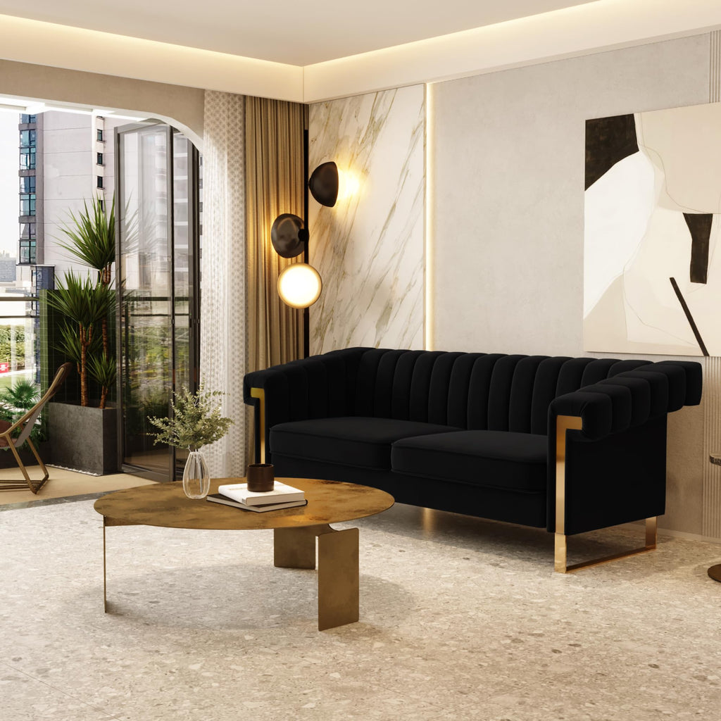 Mid-Century Modern Black Sofa with Gold Metal Legs, 83.86" Luxury Chesterfield Comfy Couches (, Black)