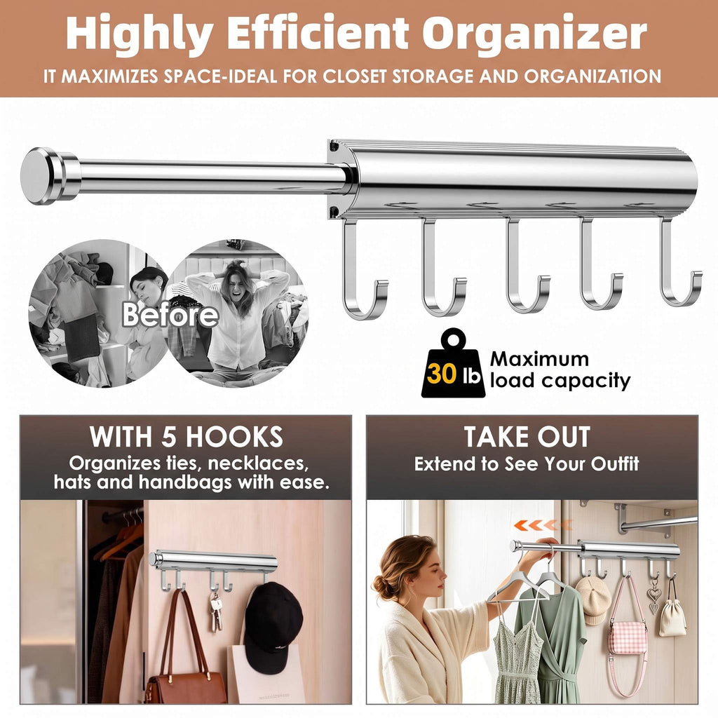 Valet Rod for Closet Pull Out 12 Inch with 5 Hooks - Chrome 2 Pack