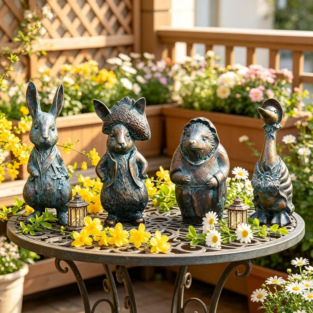 4-Piece Faux Bronze Resin Animal Statue Set Garden Decor Gift | Ideal gift set for garden lovers, housewarming