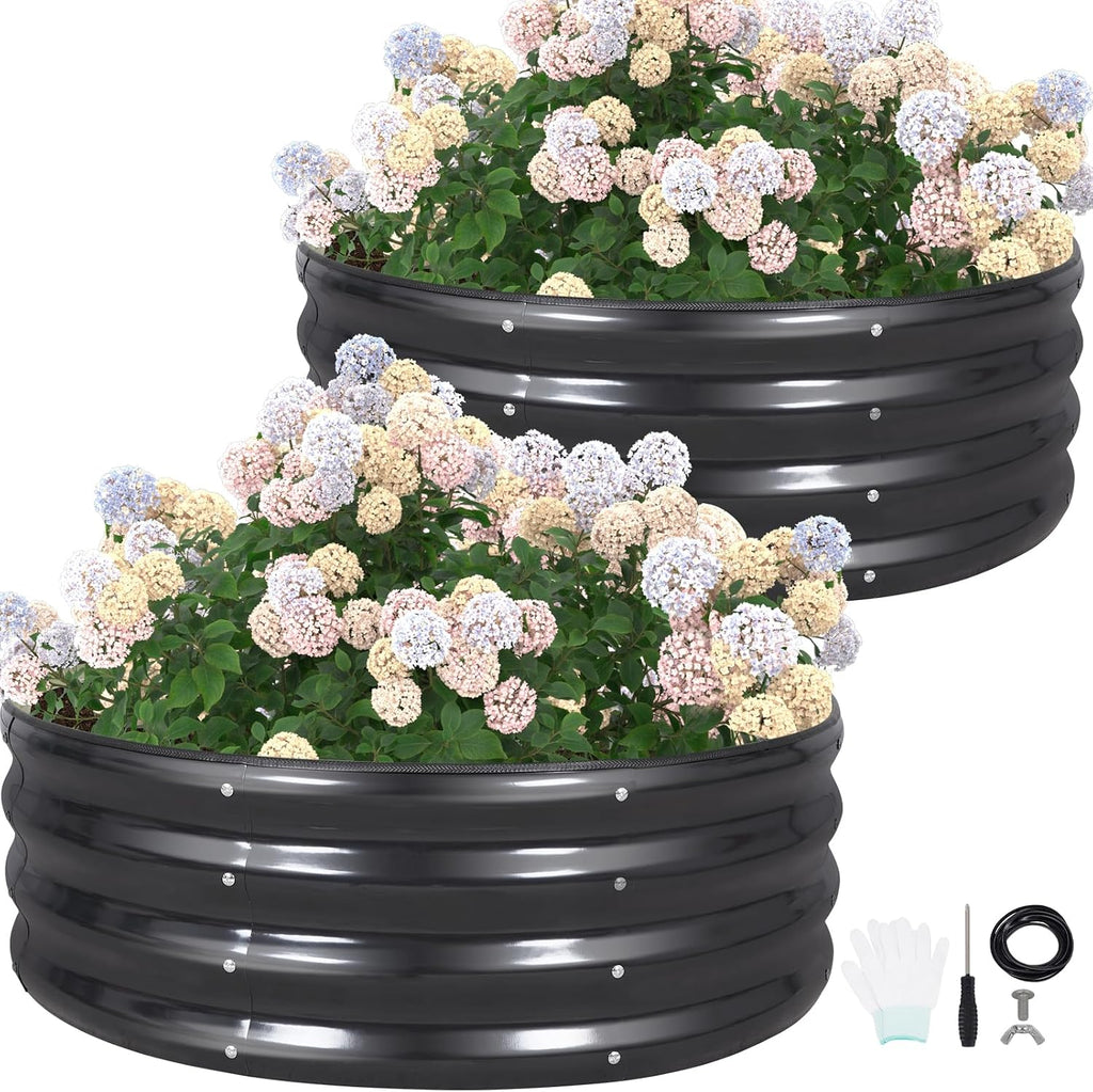 Round Raised Garden Bed Outdoor, 3x3x1ft, 2Pcs, Dark Grey | Galvanized Steel Planter Box, Rubber Edge Trim