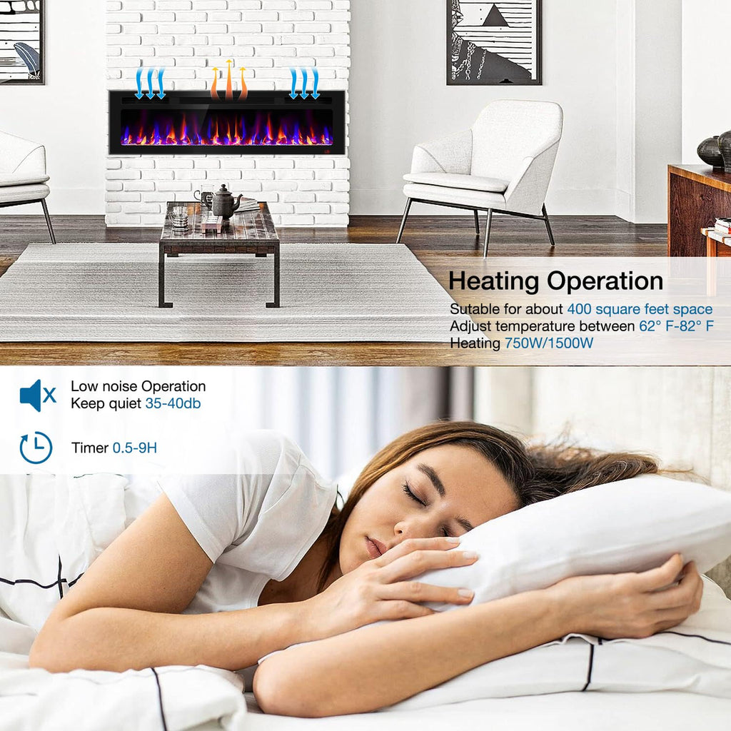 60 Inch Electric Fireplace Recessed and Wall Mounted, Fireplace Heater and Linear Fireplace, Ultra-Thin Electric