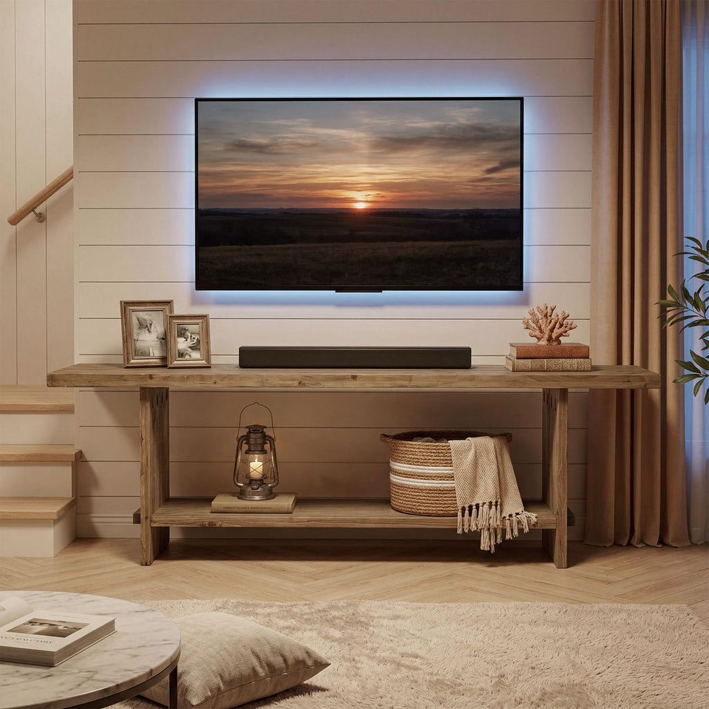 71" Solid Wood TV Stand for 55/65/75/85-Inch TV, 2-Tier TV Table