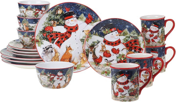 Magic of Christmas Snowman piece Dinnerware Set Service for 4 Green Multi Color Red Animal Casual Modern