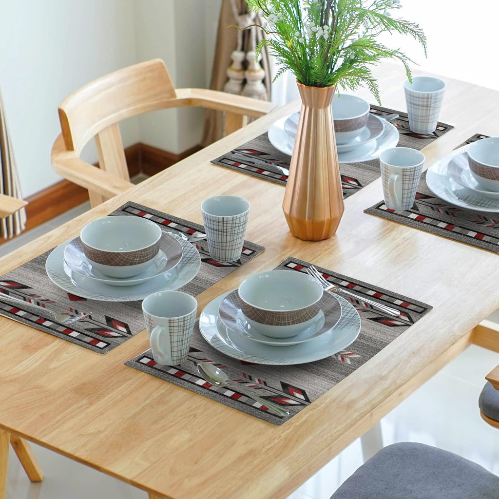 Southwestern Placemats, Grey Red Tribal Geometric Decorative Table Mats, Native American Ethnic Farmhouse Non-Slip
