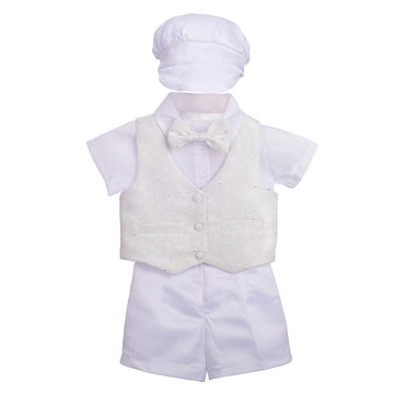 Baby Boys' Christening Clothing Baptism Outfit 5 Pieces Suit Set with Bonnet Hat Size 9-12 Months, Short Sleeves
