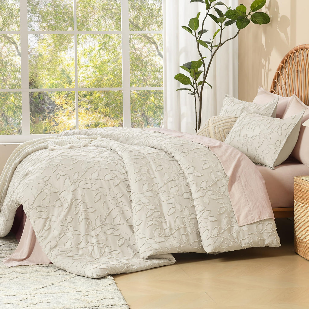 California King Comforter Set, 3PCS Beige Cream Boho Bedding