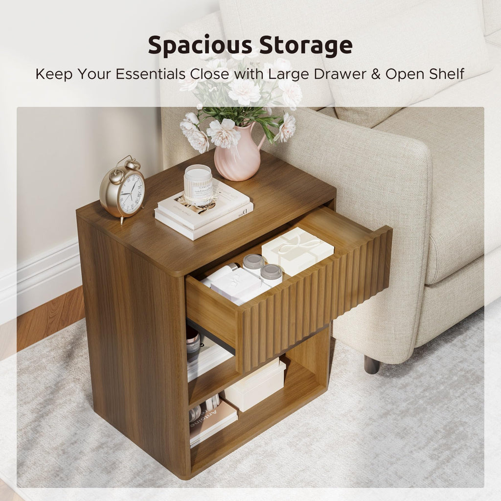 Nightstand Bedside Table Storage Drawer - Large Mid Century Modern Night Stand with Fluted Wood Storage Drawer and