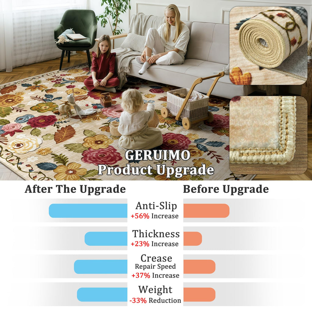 Washable 2.6x10 Runner Rug, Beige Boho Floral Non-Slip
