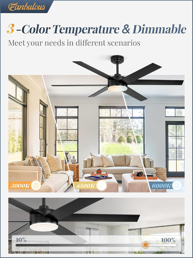 56" Ceiling Fan with Light, 6-Blade Reversible, 3CCT, Black