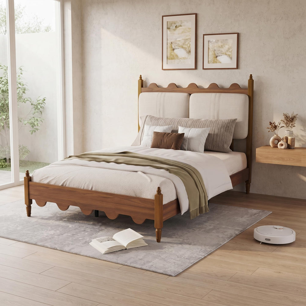 Vintage Platform Bed, Queen Bed Frame with Wave Upholstered Headboard