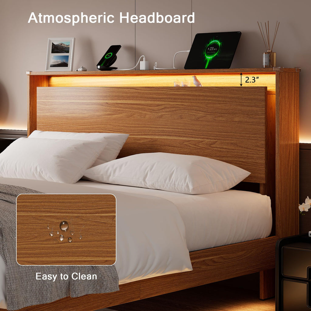 King Size Bed Frame with LED Lights & Charging Station - Wood Floating Bed Frame with Storage Headboard, Adhesive