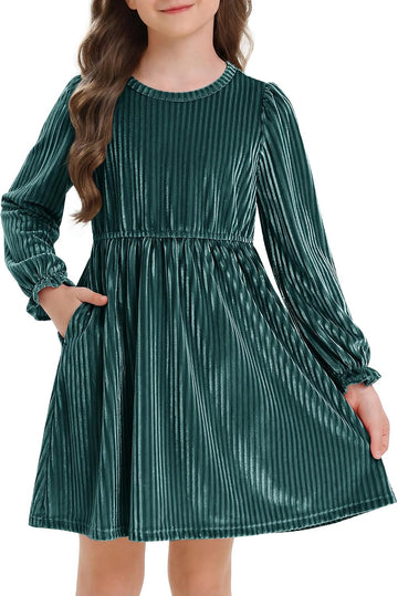 Girls Long Sleeve Velvet Dress with Pockets