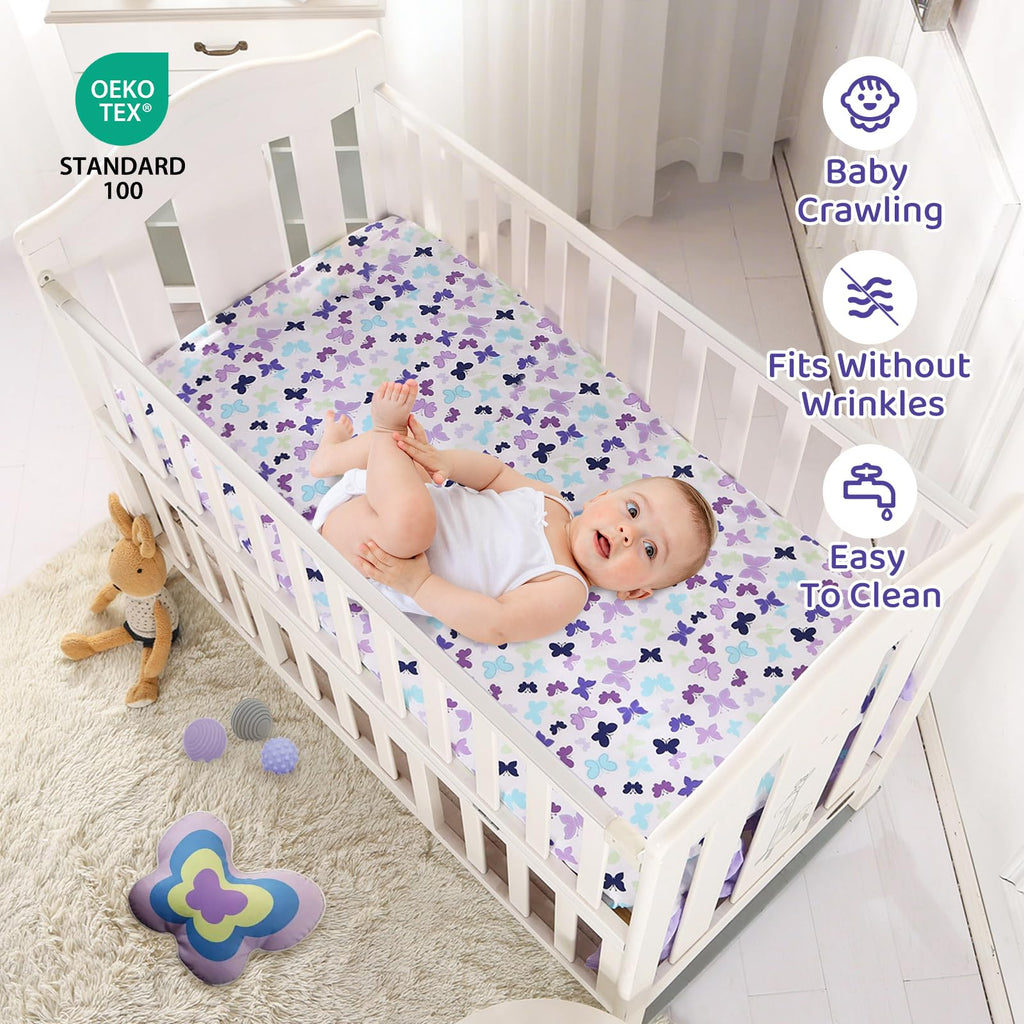 Butterfly Mini Crib Bedding Set, 3 Piece Baby Bedding Set Butterfly, Mini Crib Nursery Bed Set, Breathable and Soft