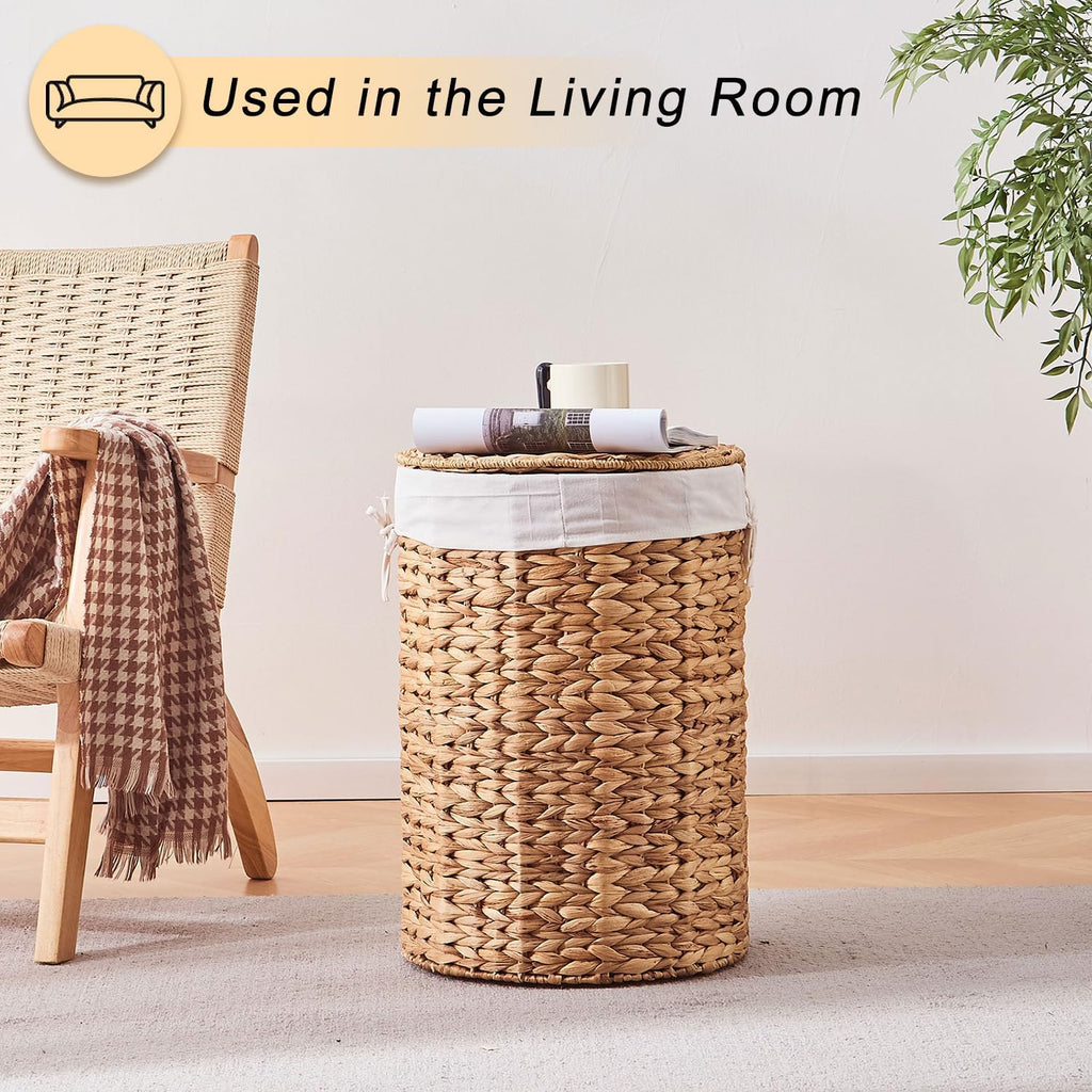 Round Water Hyacinth Laundry Hamper with Lid Handwoven Wicker Basket with Handles for Dirty Clothes, Storage, and