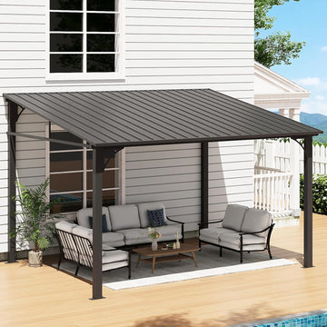 10' x 12' Hardtop Lean-to Gazebo, Wall-Mounted Pergola with Sloping Galvanized Steel Roof – Black