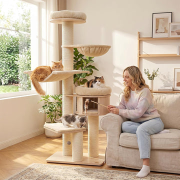 75.5-inch Tall Wooden Cat Tree, Multi-Level Modern Cat Tower, Beige