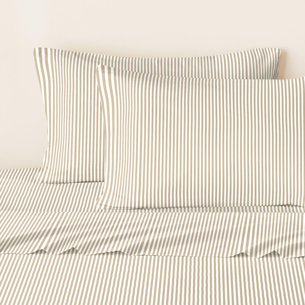 Striped Bed Sheets, 4-Piece Sheet Set, Ticking Vertical Pin Stripe Modern Farmhouse Pattern Printed Bedding, Deep