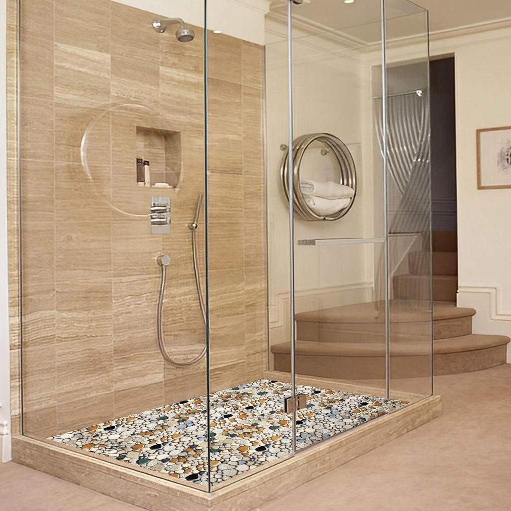 Pebble Stone Mosaic Tiles 5 Sheets, Beige Tan Brown Ceramic Mosaic Sheets Mesh Mounted 12x12, Glazed Porcelain Tile