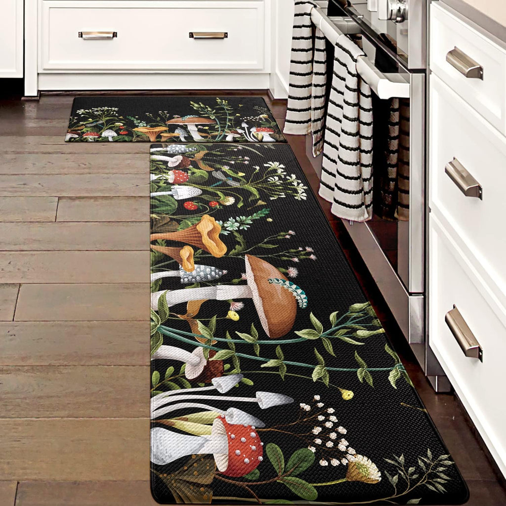 Mushroom Kitchen Rugs and Mats Green Mushroom Kitchen Decor Anti Fatigue Kitchen Floor Mat Set of 2 Non-Skid Washable