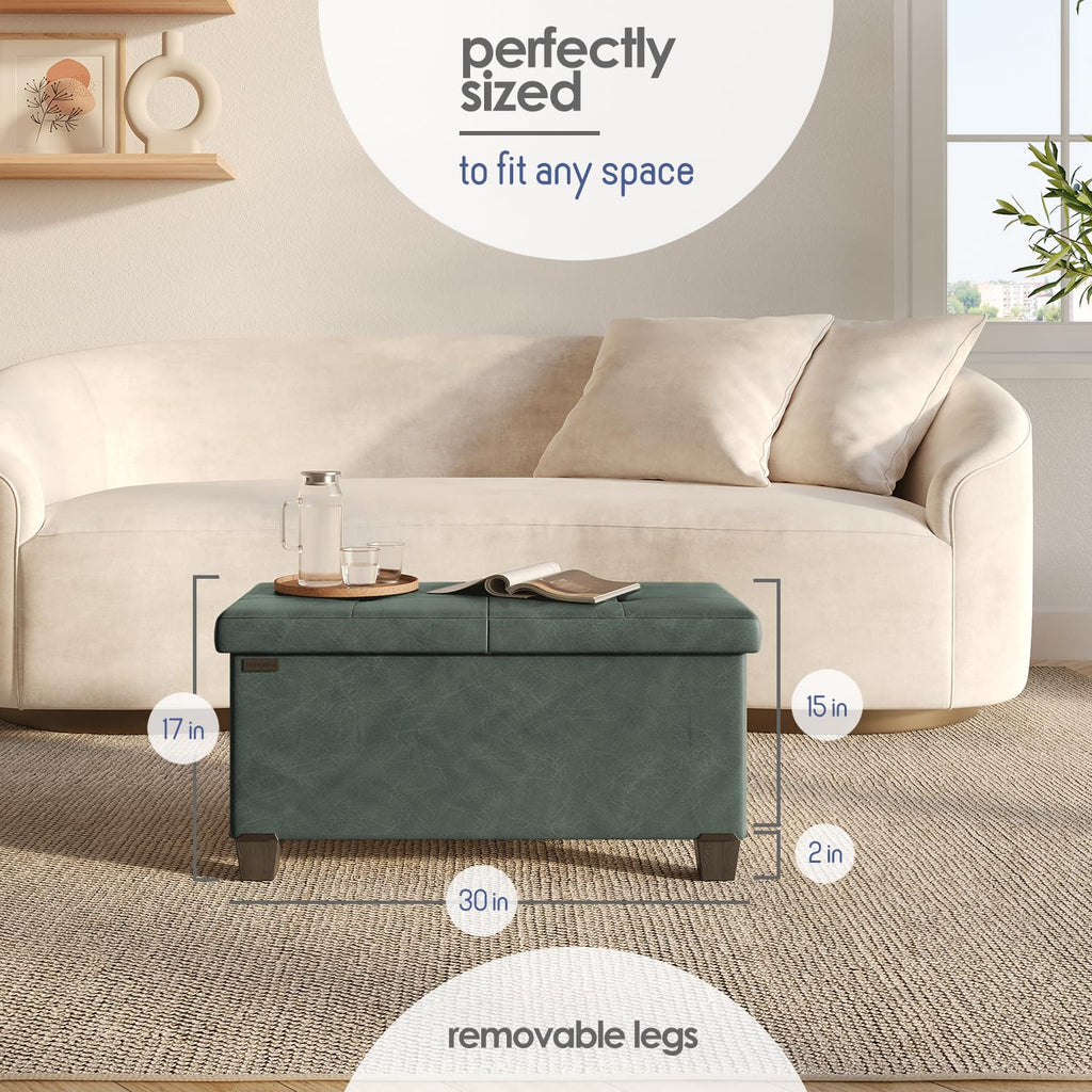 Storage Ottoman Bench with Bins, 30-in Storage Bench End of Bed, Folding Foot Rest Ottoman Max 660lbs, Leather