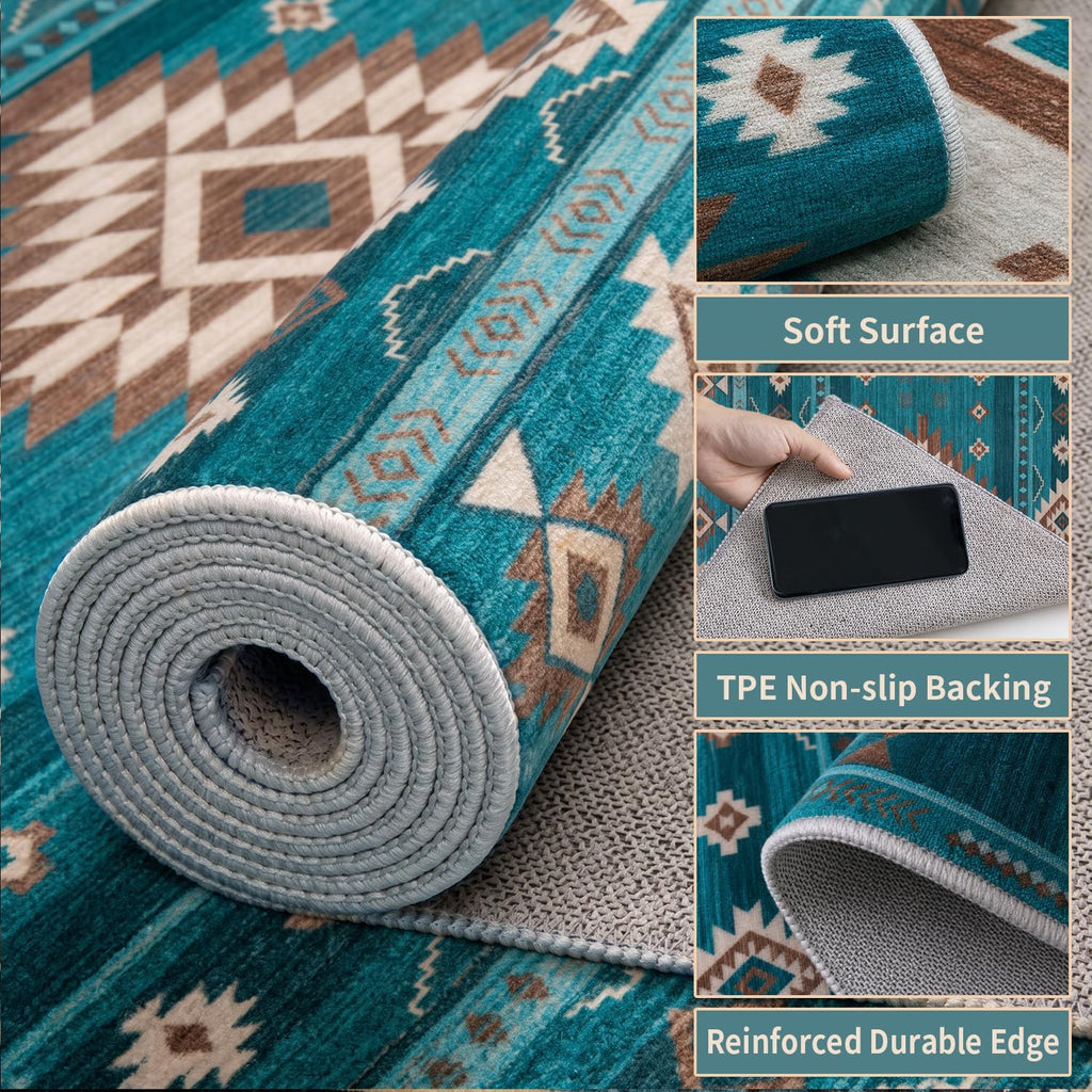 Southwest Teal Rugs, Large Machine Washable Soft Non-Slip Aztec Rug, Low-Pile Non-Shedding Foldable Dining Floor