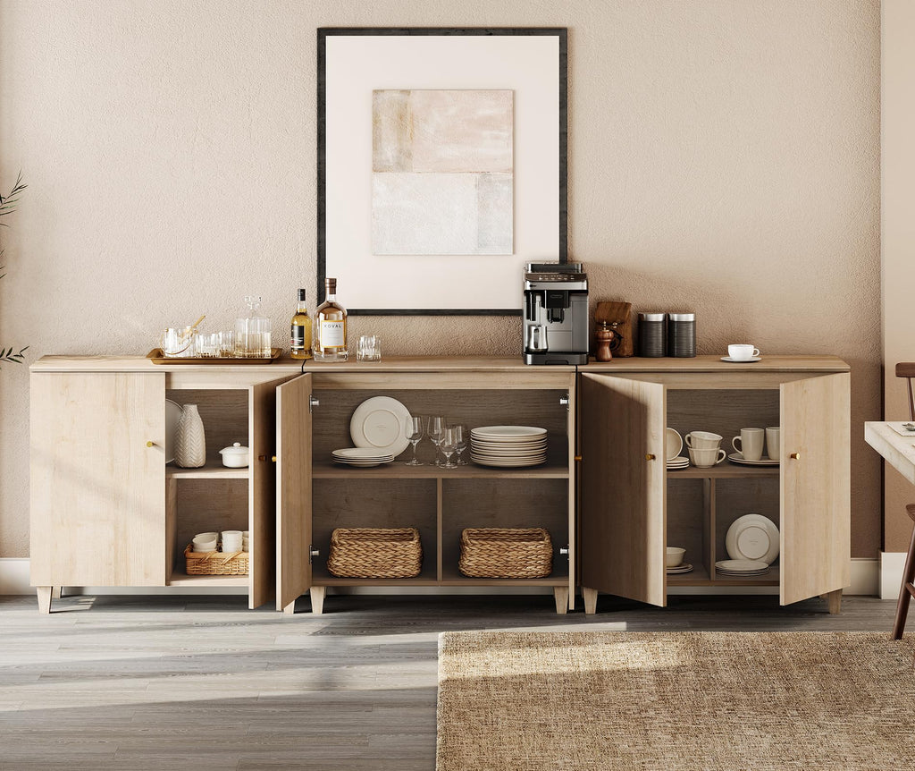 Modern Sideboards Credenza Storage Cabinets, 3 Pieces, Light Oak