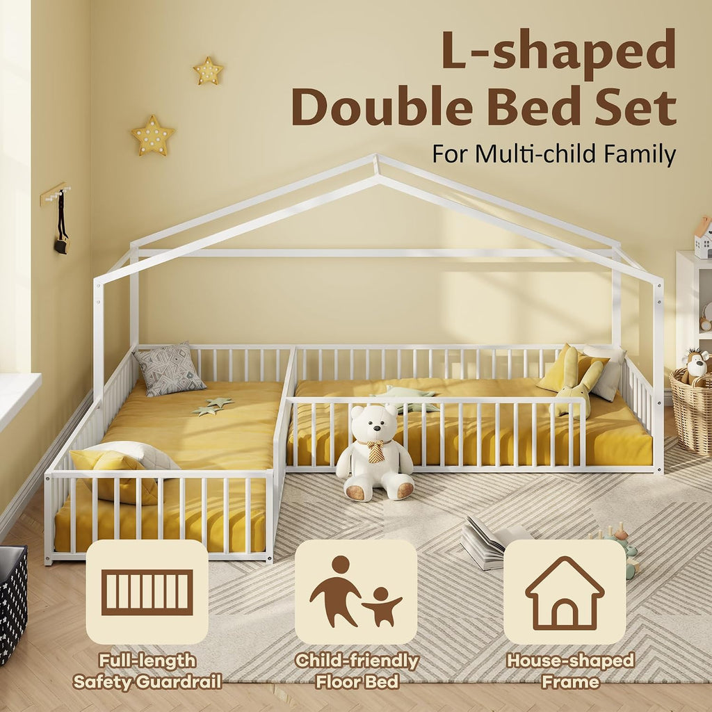Double L-Shaped Montessori Bed, Metal Corner Hose Bed Frame with Fence, House-Style Floor Bed for 2
