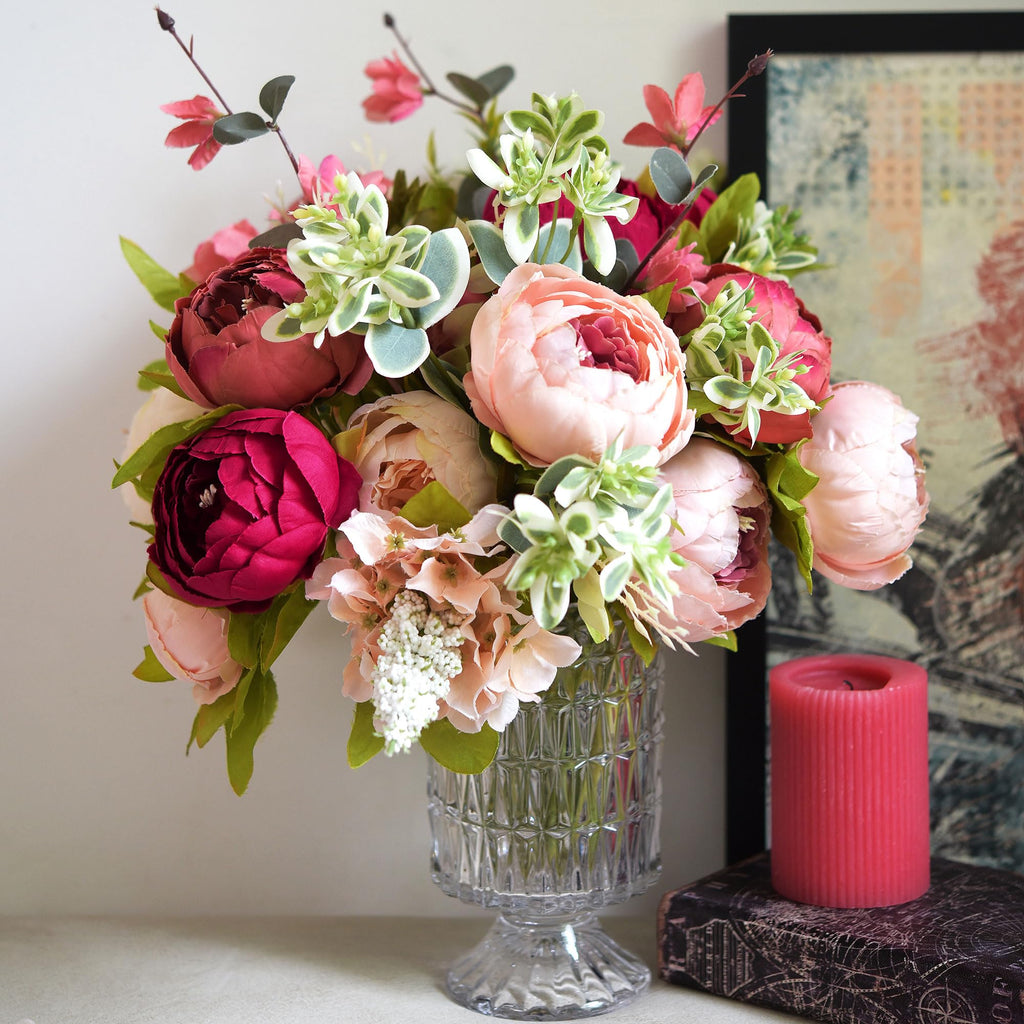 Pinkish Red and Dusty Pink Vintage Artificial Peonies Silk Flowers and Hydrangeas for Wedding Bridal Home Decor