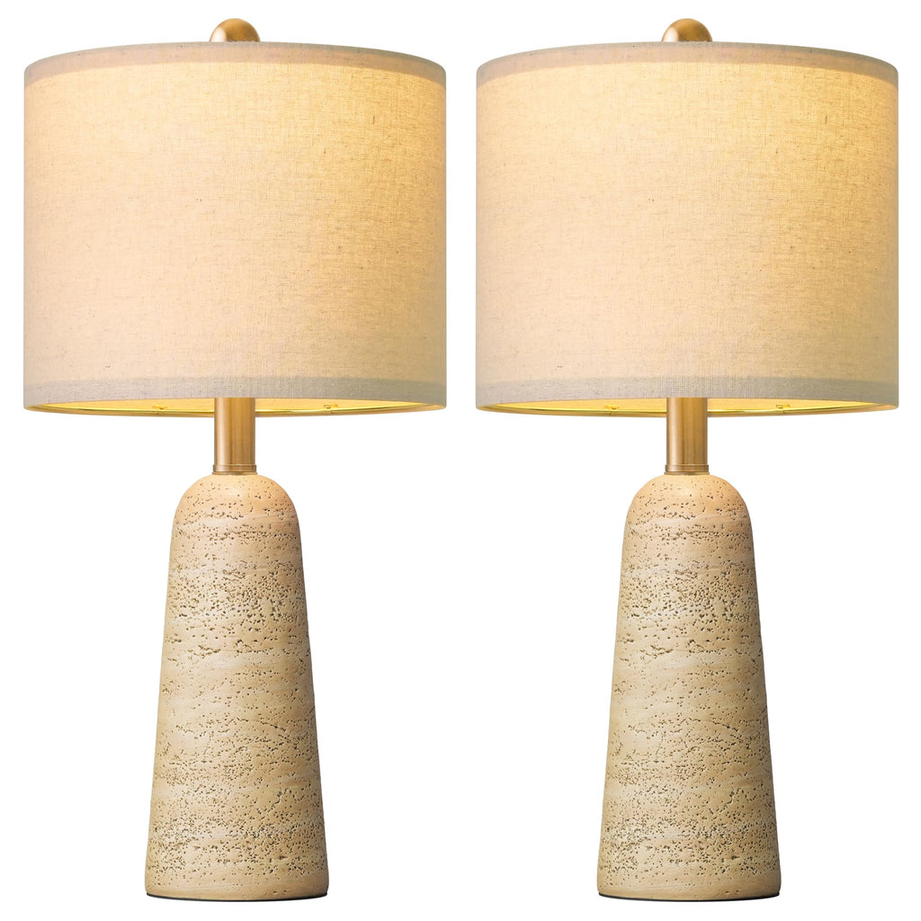 21" Modern Table Lamps Set of 2, Warm Beige Resin Lamp with Stone Look, Small Bedside Lamps, Cozy Nursery Lamps with