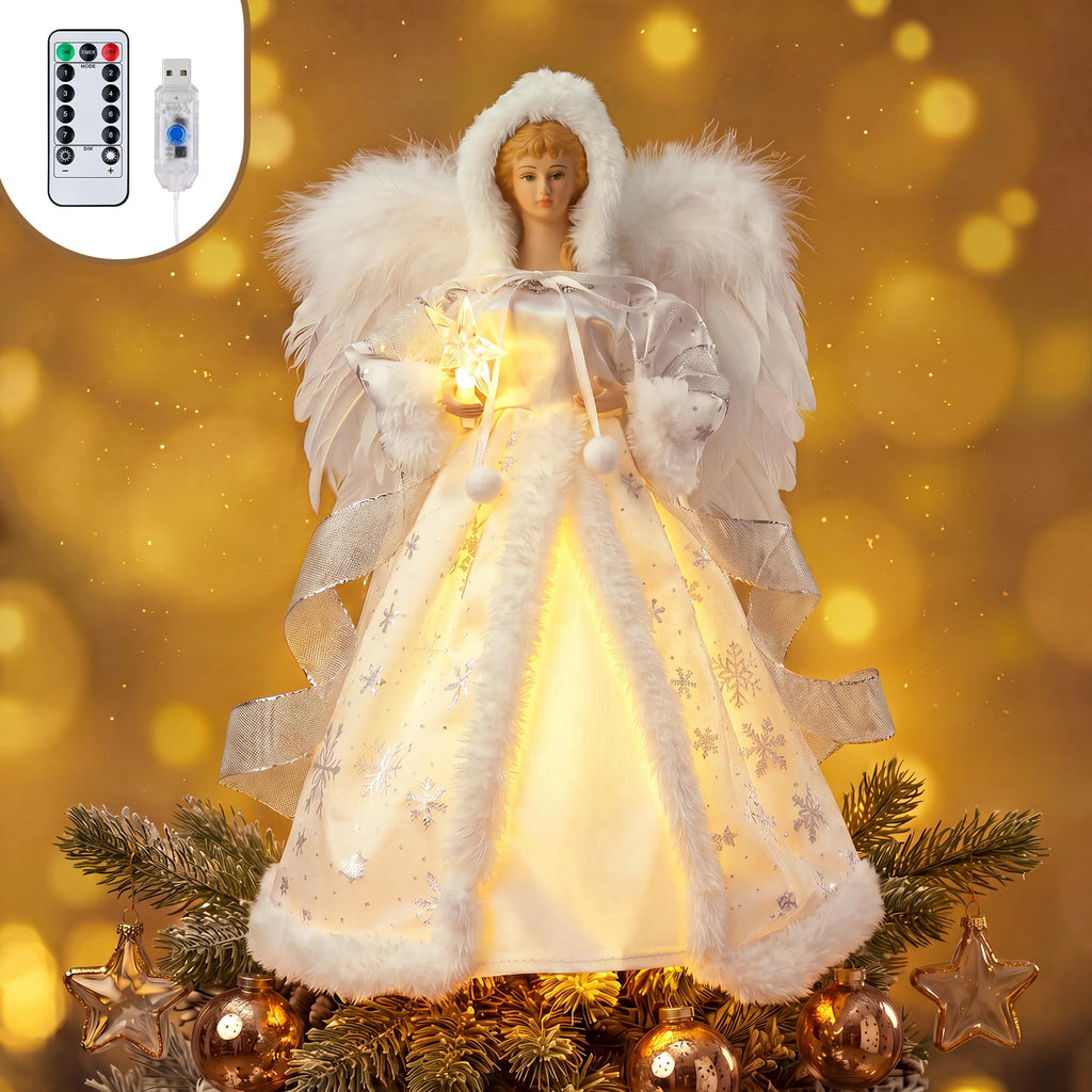 Lighted Christmas Tree Topper Angel, 12 Inch Silver & White Angel Tree Topper w/Feather Wings, 8 Lighting Modes for