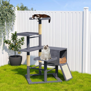 Outdoor Cat Tree for Large Cats, Weatherproof Solid Wood, 48"x43"x67"