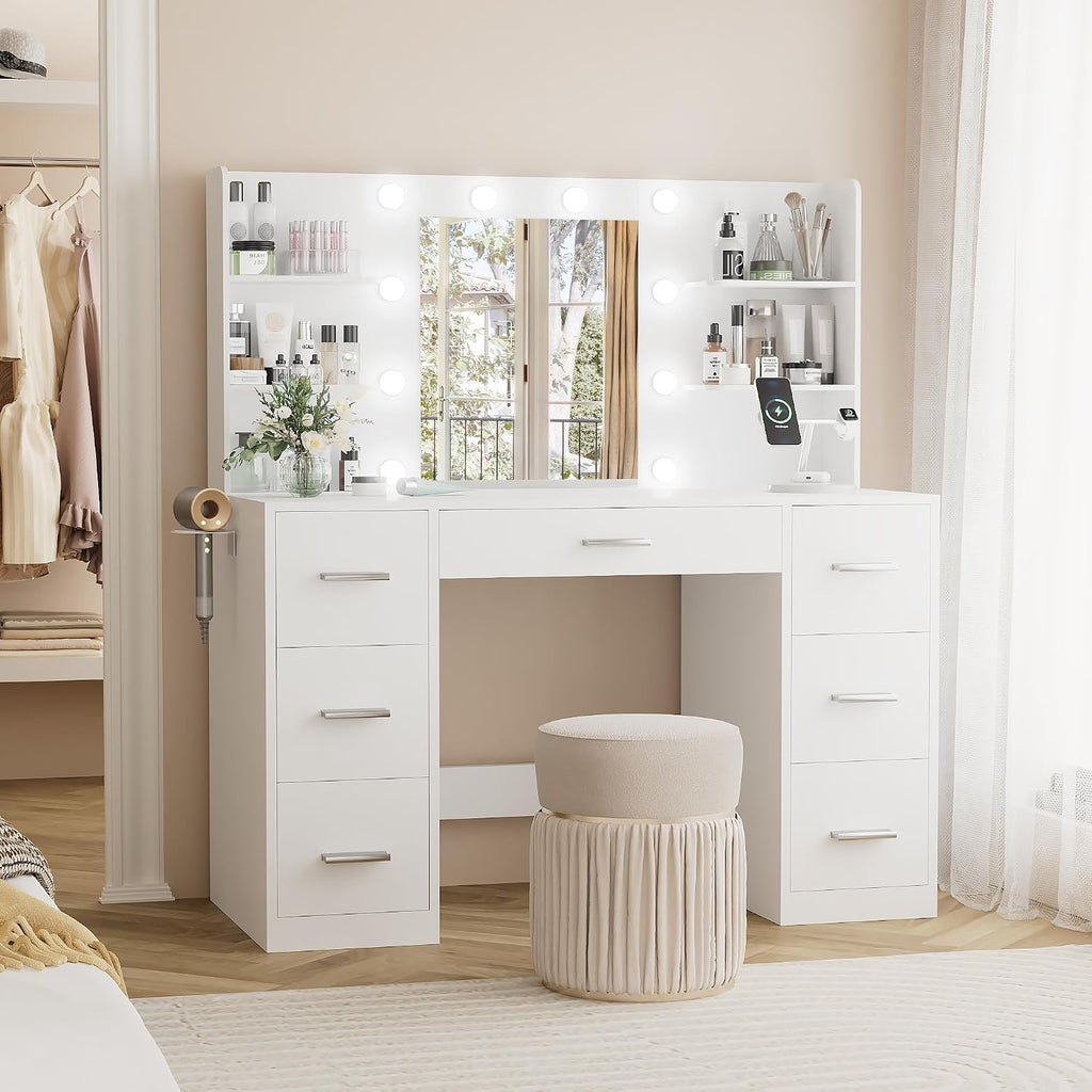 Vanity Desk with Mirror, Power Outlet and 10 Lights, Makeup Table with 7 Drawers, 3 Color Modes Available , Pure White