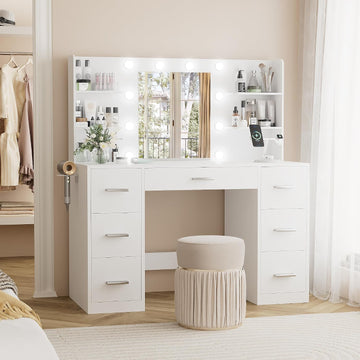 Vanity Desk with Mirror, Power Outlet and 10 Lights, Makeup Table with 7 Drawers, 3 Color Modes Available , Pure White