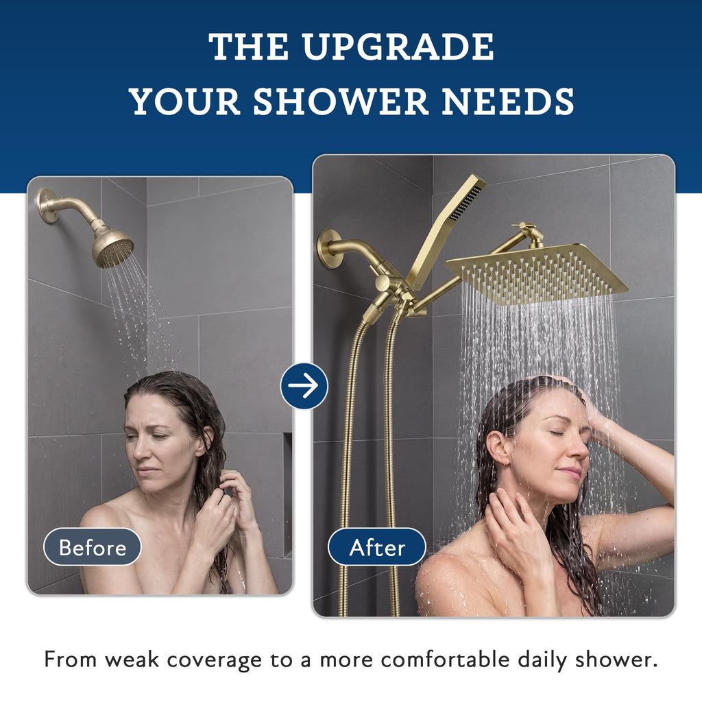 All Metal 8-Inch Dual Square Shower Head Combo, Rain Shower Head, Handheld Shower Wand with 71-Inch Extra Long Hose