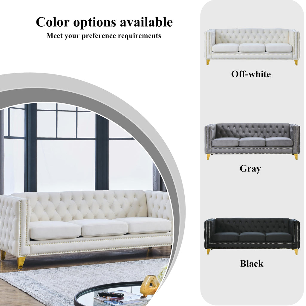 80.5" 2 Piece 3-Seater Velvet Chesterfield, Combination with 4 Pillows, Button Tufted Trimming Curved Backrest Rolled