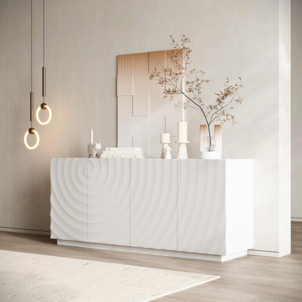 4 Door Modern Sideboard Buffet Cabinet, Accent Storage Sideboard with Water Ripple Door Panels Credenza Cabinet