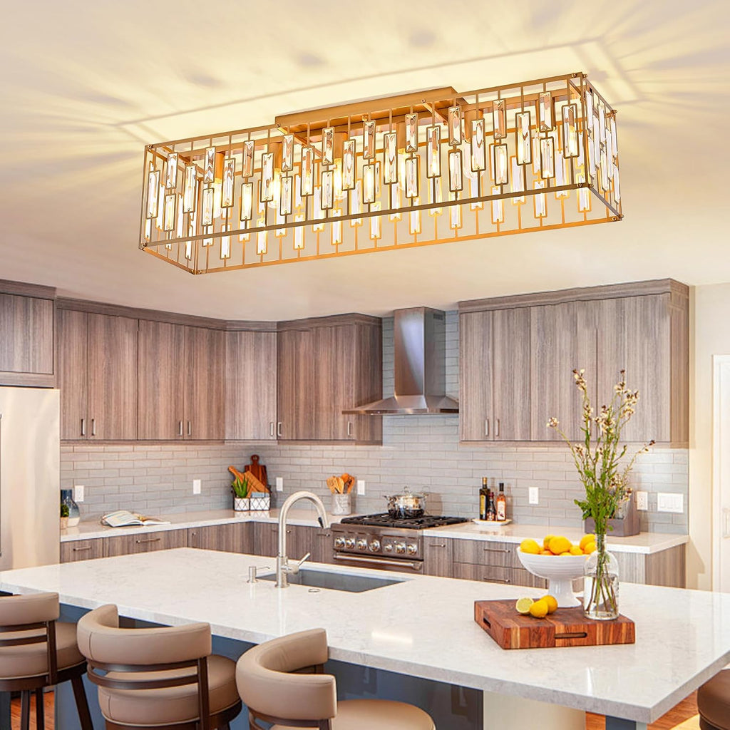 38.7 inch Gold Crystal Chandelier for Living Room, 6-Light Rectangle Flush Mount Ceiling Light Modern Chandeliers for