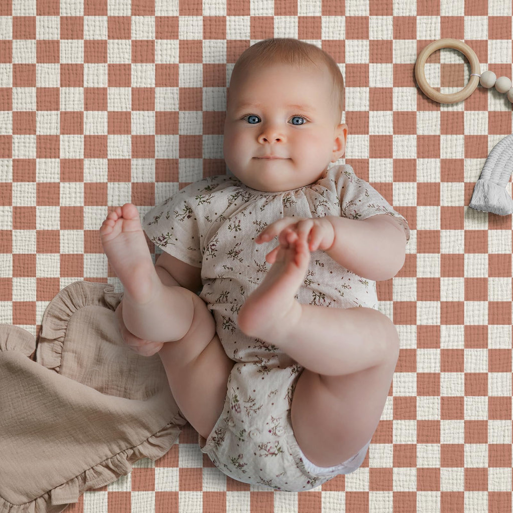 Muslin Mini Crib Sheets, 2 Pack, Brown Checkboard & Brown
