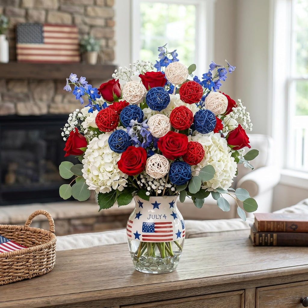 4th of July Decorations Rattan Balls, Patriotic Vase Bowl Filler - Set of 18