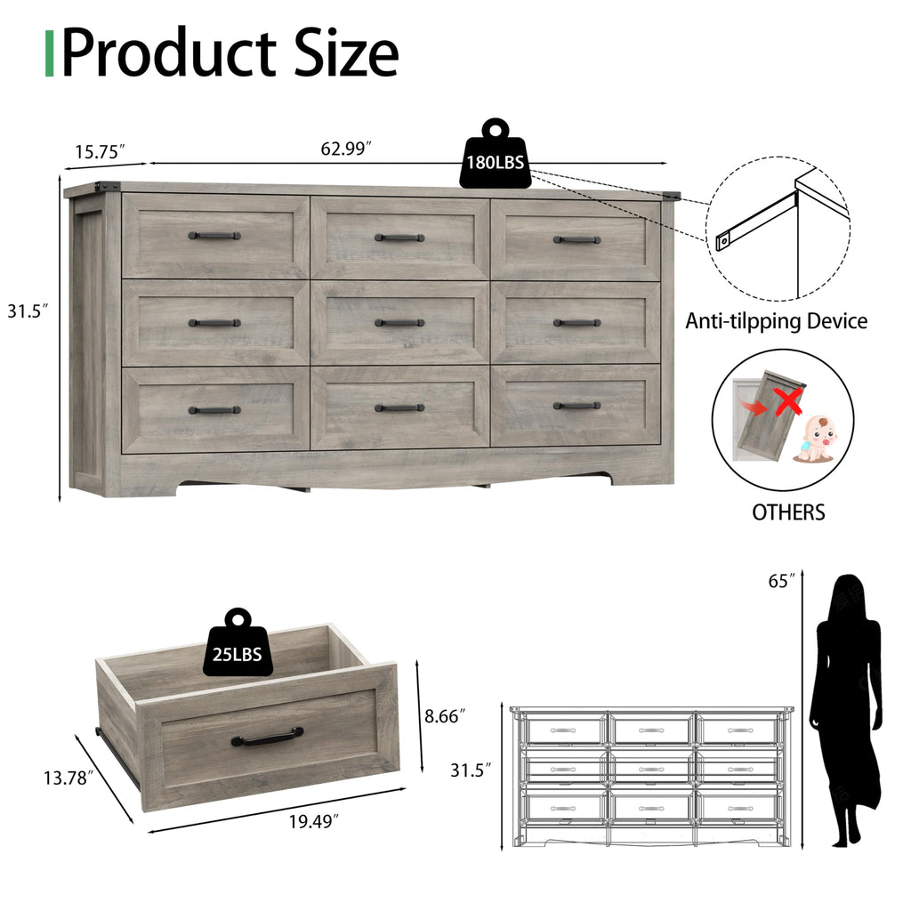 Dresser with 9 Drawers, 63" Wide Wood Chest of Drawers with Deep Drawers & Mental Handle, Modern Dresser TV Stand