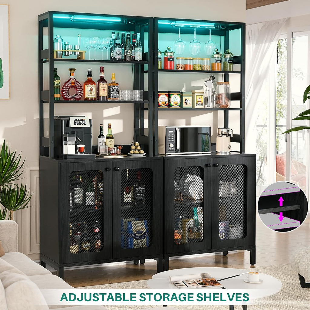 Bar Cabinet with Power Outlets, 67" Tall Wine Bar Cabinet, Black | Liquor Cabinets with LED Lights and Glass Holder