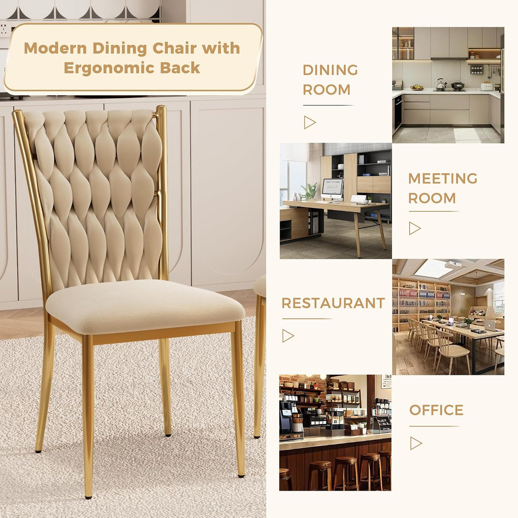 Velvet Dining Chairs Set of 4, Modern Woven Kitchen Chairs with Gold Metal Legs, Upholstered Cushion with High Back