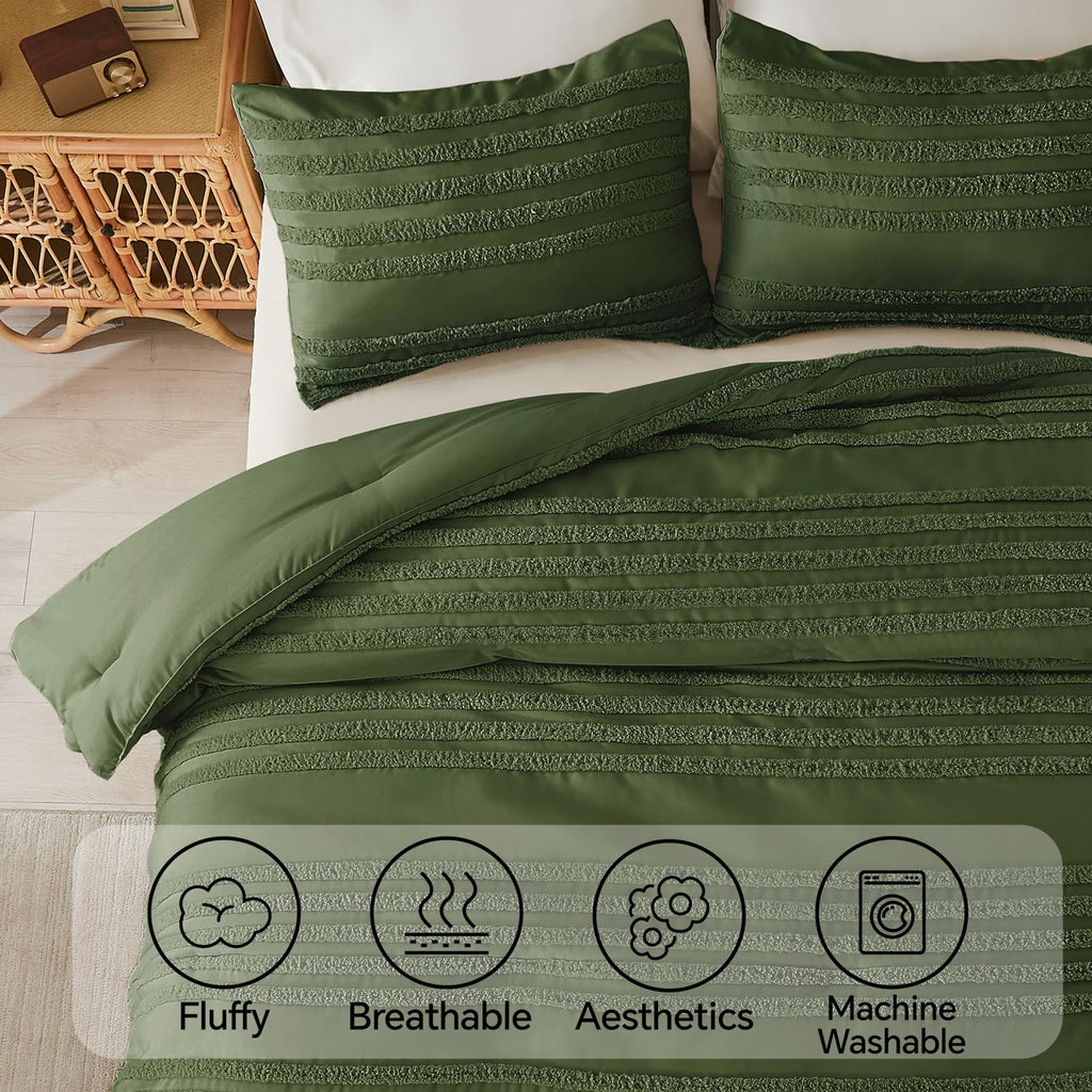 Boho Comforter Set - Tufted Boho Bedding Set, Olive Green