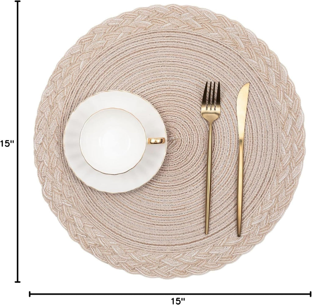 Round Placemats Boho Braided Border 15 inch Circle Place Mats Washable Fabric Table Mats Dining Table, Beige - Set of 4