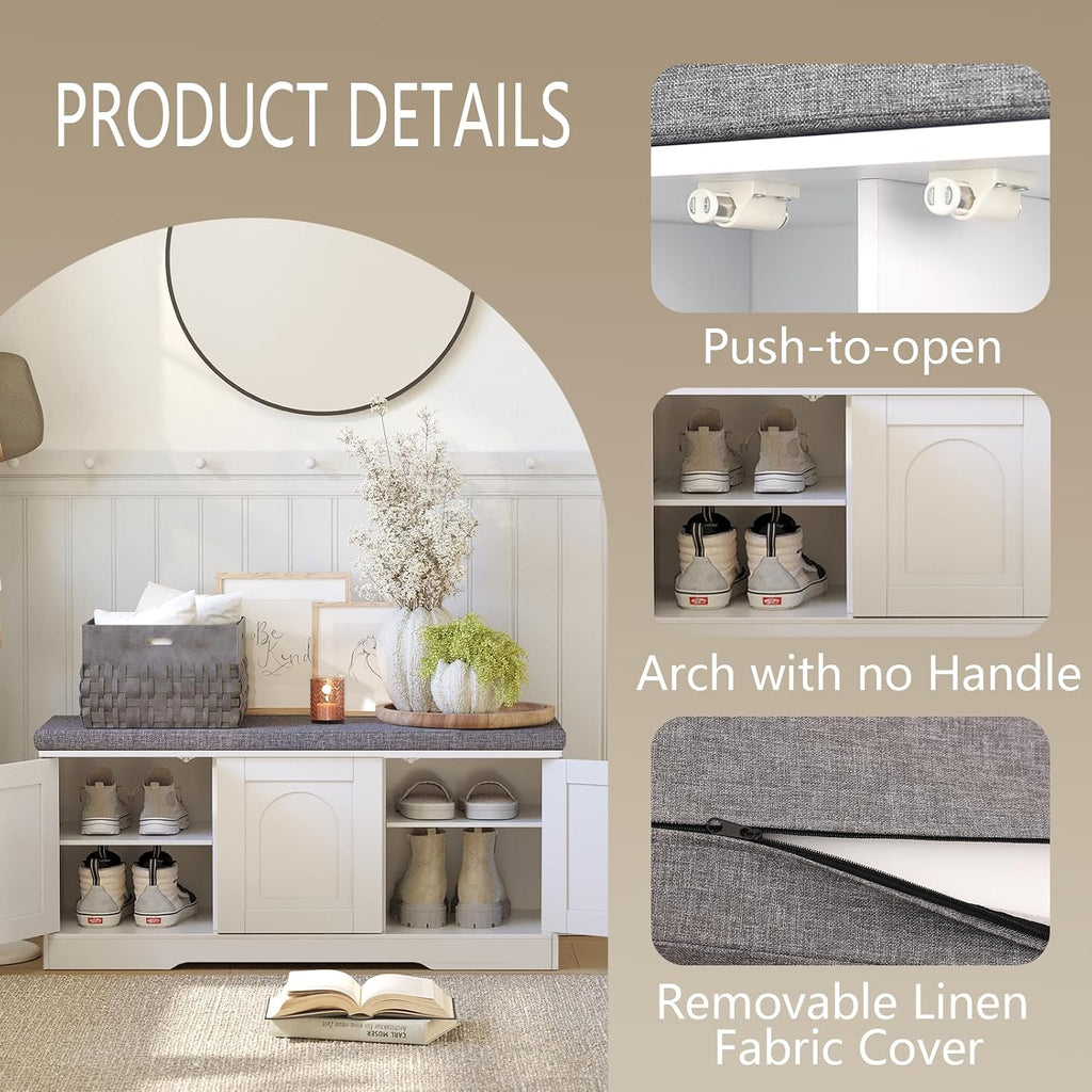 Shoe Storage Bench with Cushion, Door, White 39.4" LX17.7 H | Entryway Bench, 2-Tier Cabinet Bench, Widened Cubby