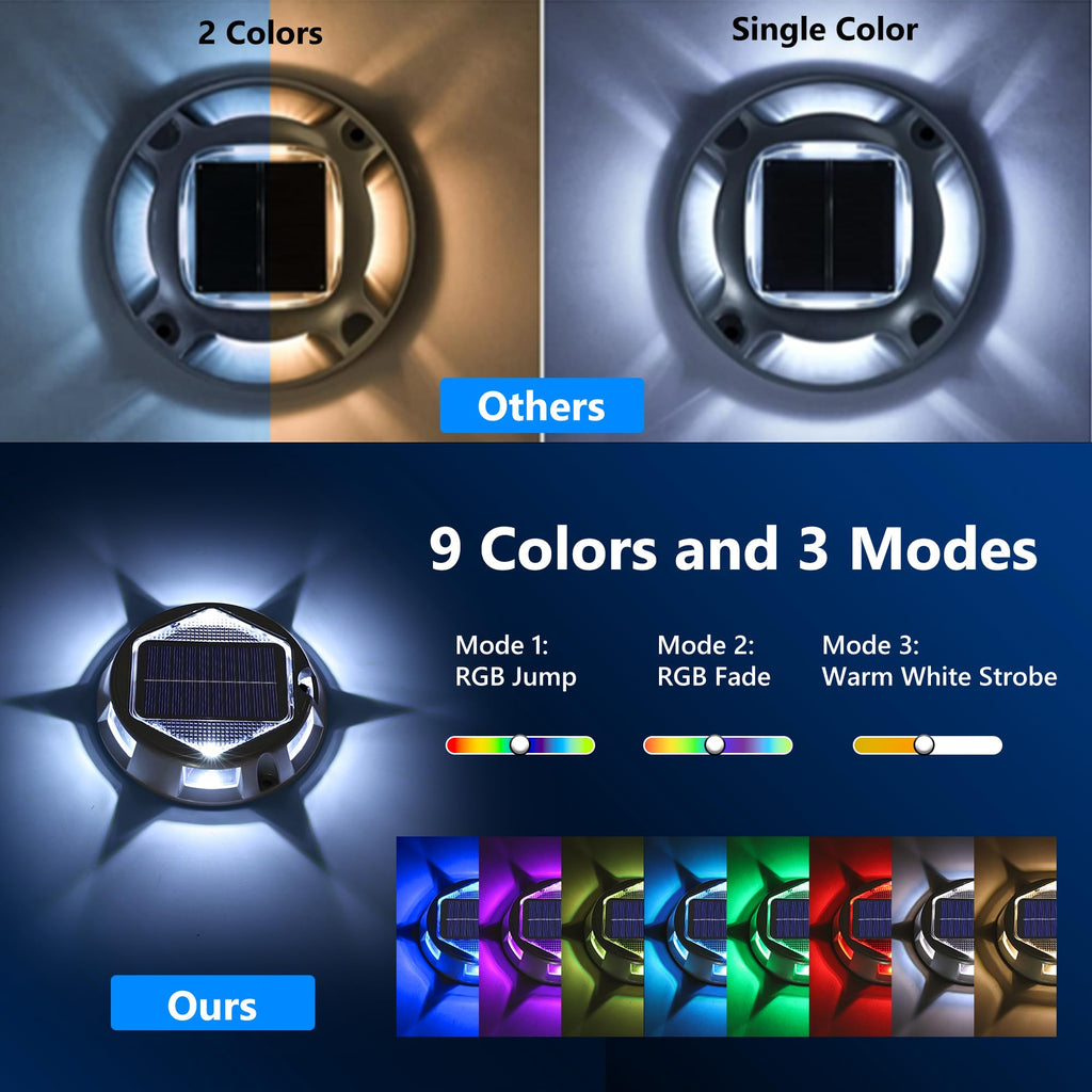 Solar Deck Light Outdoor, 12 Pack 9 Colors in 1 Solar Driveway Dock Lights, IP67 Waterproof Solar Powered Outdoor